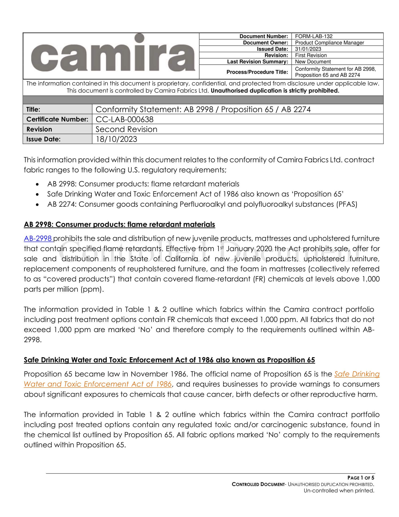 Conformity Statement For AB2998 Proposition 65 And AB2274 V2 1