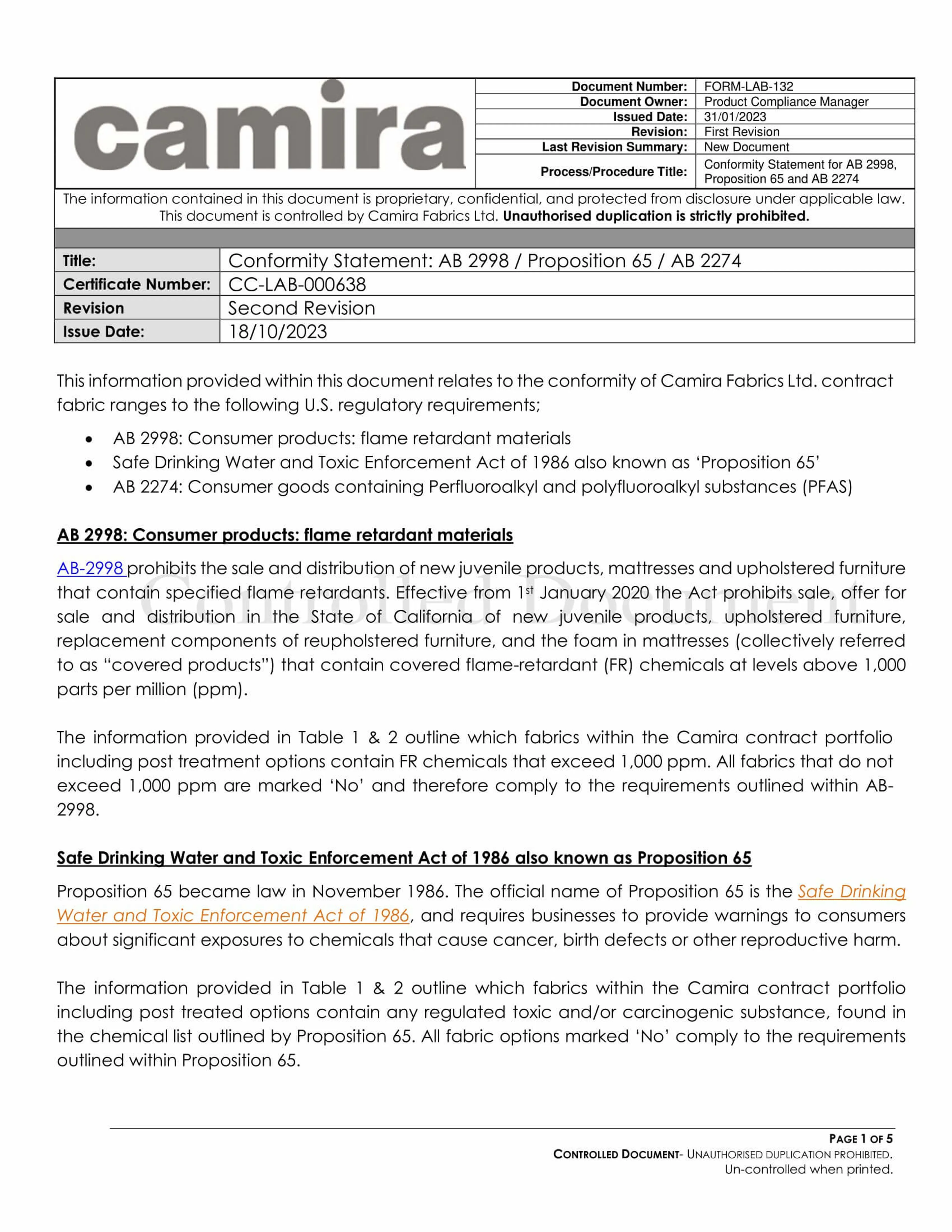 Conformity Statement For AB2998 Proposition 65 And AB2274 V2 1 Conformity Statement For AB2998 Proposition 65 And AB2274 V2 1