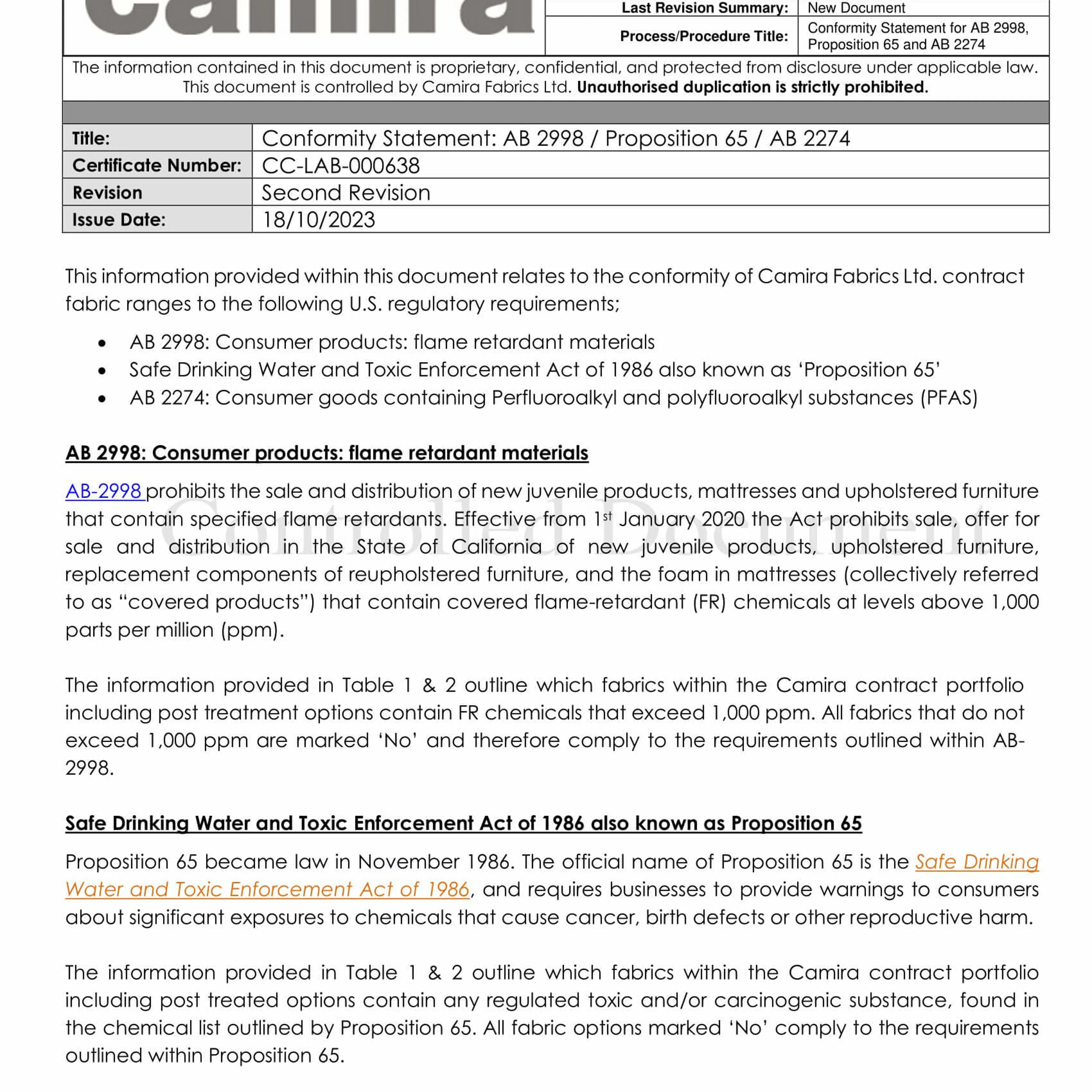 Conformity Statement For AB2998 Proposition 65 And AB2274 V2 1 Conformity Statement For AB2998 Proposition 65 And AB2274 V2 1