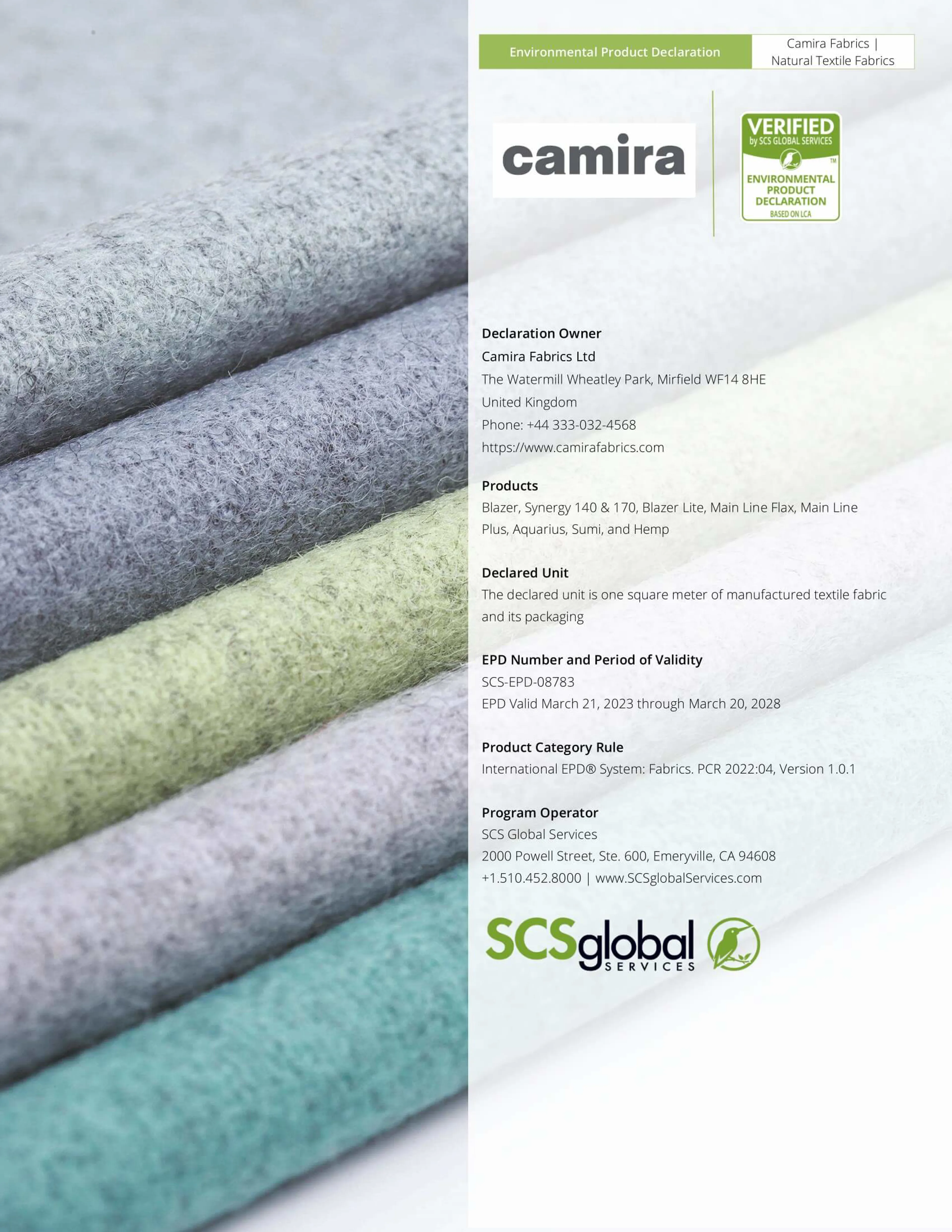 SCS EPD 08783 Camirafabrics Naturalfabrics 032123 Website SCS EPD 08783 Camirafabrics Naturalfabrics 032123 Website